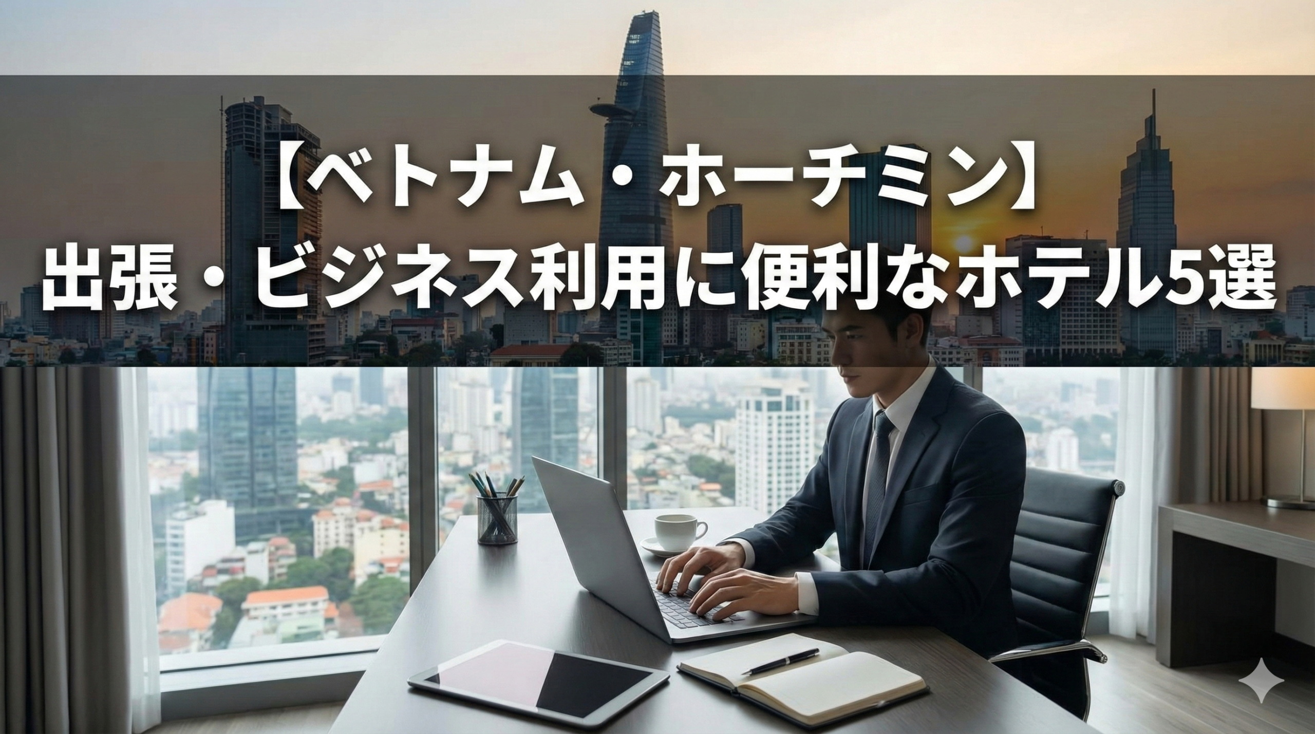 ホーチミン市内のビジネスホテルを背景に、スーツ姿のビジネスマンやパソコン作業する出張者の様子を描いたイメージ。落ち着いたトーンで安心感を演出。