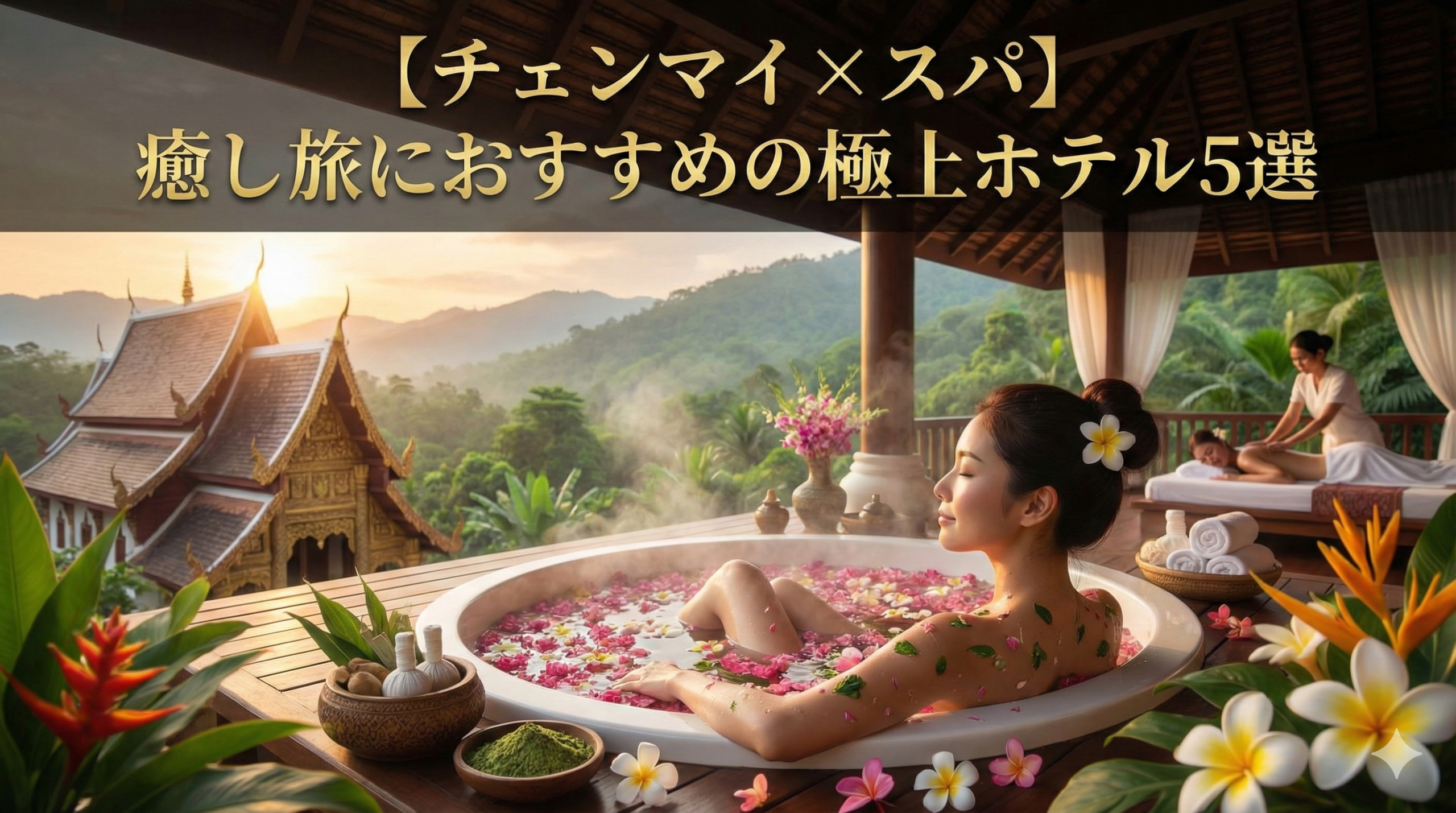チェンマイで癒されるスパ付きホテルの外観と施術風景
